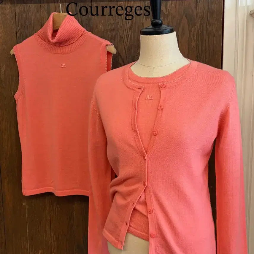 [BUNJANG] Courrèges Coral Pink Knit Three-Piece Set / 꾸레쥬 정품 코랄 쓰리피스