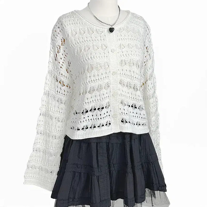 [SOLD OUT] 일본빈티지 펀칭A라인소매 와이드오버핏 가디건화이트 모리걸하구미룩갸루y2k