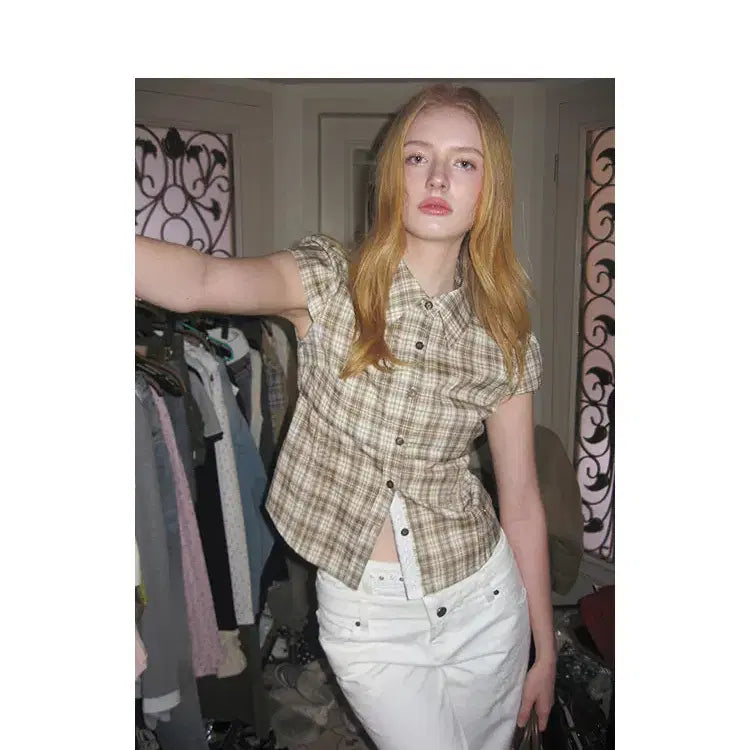 [BUNJANG] UENA Green Check Lace Collar Puff Sleeve Blouse / UENA 우에나 그린 체크 레이스 칼라 퍼프 반팔 셔츠
