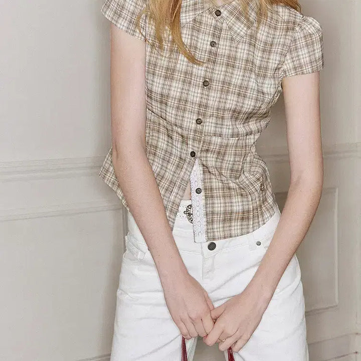 [BUNJANG] UENA Green Check Lace Collar Puff Sleeve Blouse / UENA 우에나 그린 체크 레이스 칼라 퍼프 반팔 셔츠