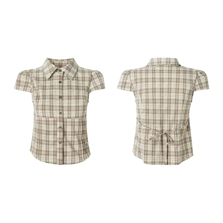 [BUNJANG] UENA Green Check Lace Collar Puff Sleeve Blouse / UENA 우에나 그린 체크 레이스 칼라 퍼프 반팔 셔츠