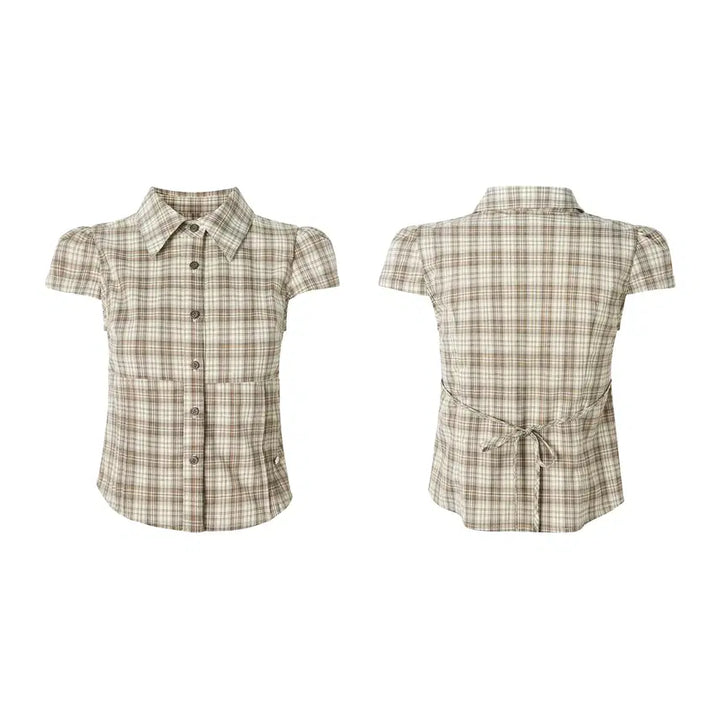 [BUNJANG] UENA Green Check Lace Collar Puff Sleeve Blouse / UENA 우에나 그린 체크 레이스 칼라 퍼프 반팔 셔츠