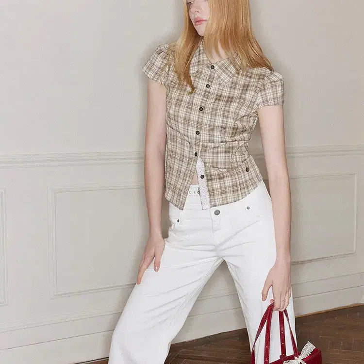 [BUNJANG] UENA Green Check Lace Collar Puff Sleeve Blouse / UENA 우에나 그린 체크 레이스 칼라 퍼프 반팔 셔츠