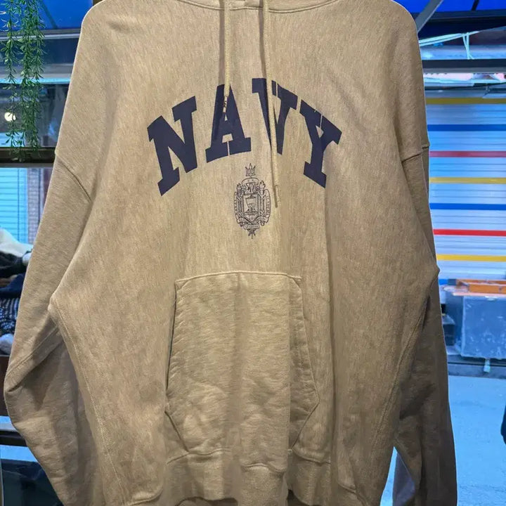 [BUNJANG] Outstanding Navy Logo Melange Hoodie / 아웃스탠딩 네이비 로고 멜란지 후드티