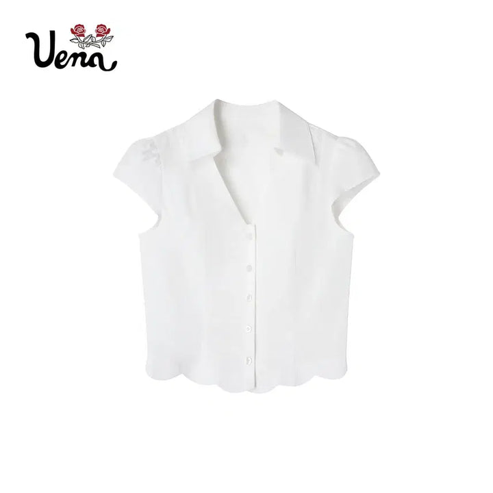 [BUNJANG] UENA White Petal Ruffle Puff Sleeve Blouse / UENA 우에나 화이트 페탈 러플 퍼프 소매 반팔 블라우스
