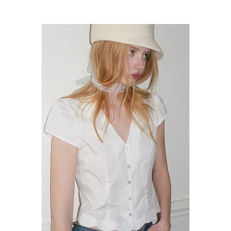 [BUNJANG] UENA White Petal Ruffle Puff Sleeve Blouse / UENA 우에나 화이트 페탈 러플 퍼프 소매 반팔 블라우스