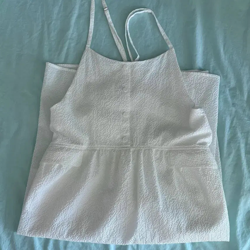[BUNJANG] Enzo Blues Seersucker White Sleeveless Dress / 엔조블루스 체크 슬립 드레스 화이트
