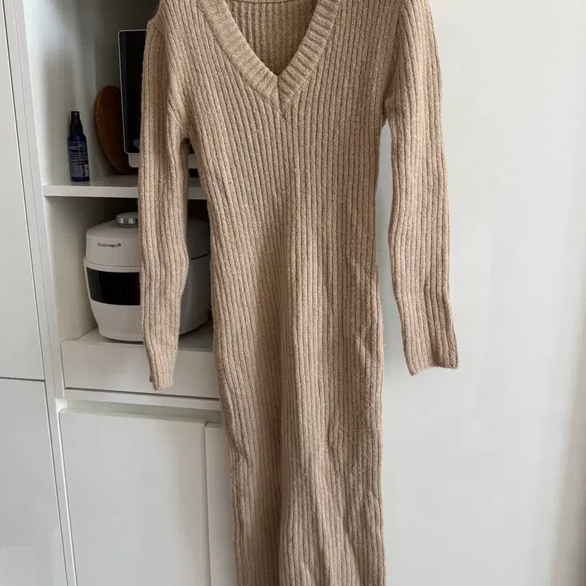 [BUNJANG] Brown V-Neck Knit Long Dress / 갈색 브이넥 니트 롱 원피스 프리사이즈
