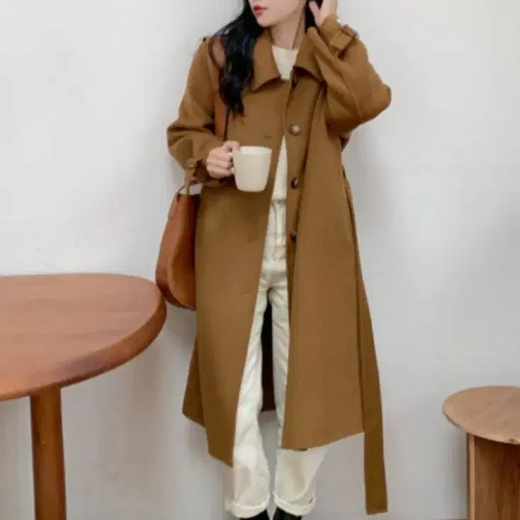 [BUNJANG] Camel Wool Blend Handmade Long Coat / 싱글 벨트 카멜 핸드메이드 롱 코트 (울70)