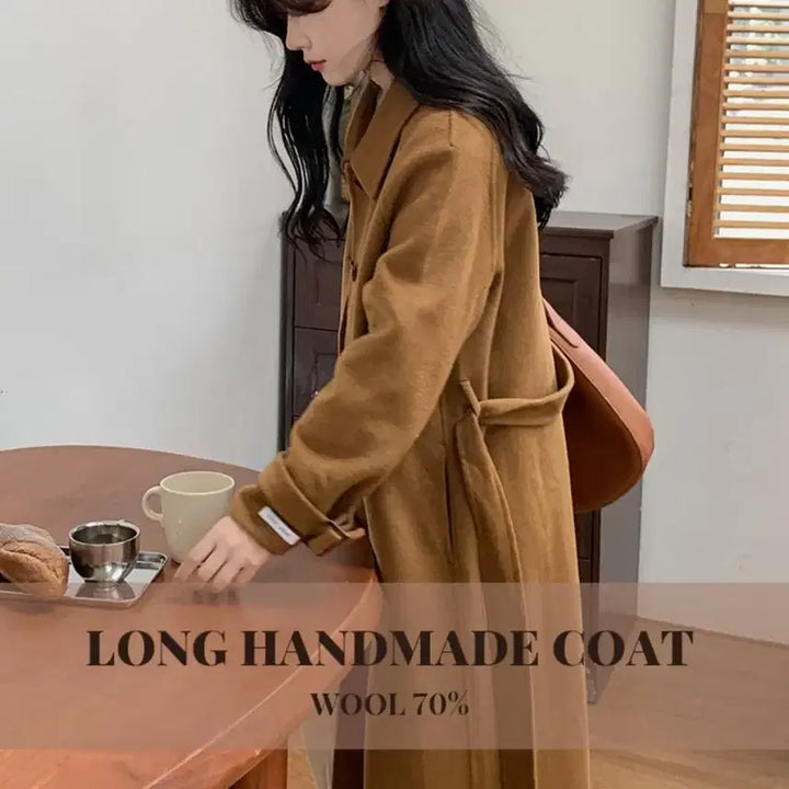 [BUNJANG] Camel Wool Blend Handmade Long Coat / 싱글 벨트 카멜 핸드메이드 롱 코트 (울70)