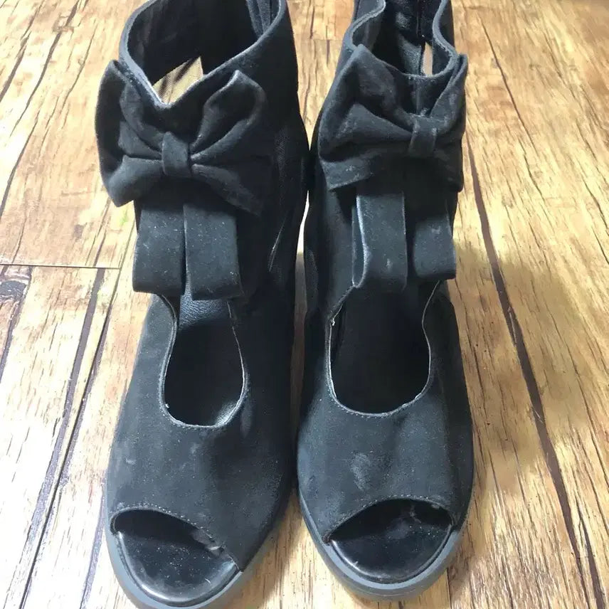 [BUNJANG] Black Ribbon Open Toe Heels / 블랙 리본 시스루 오픈토 힐 250 굽7센티