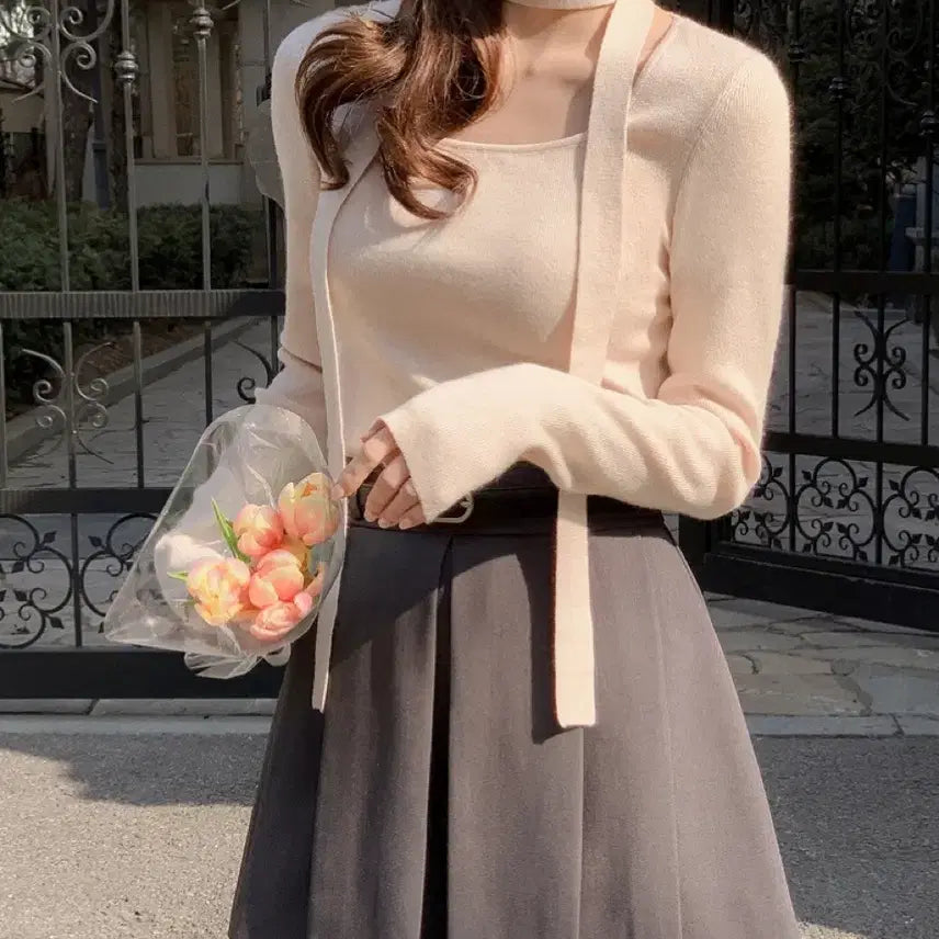 [BUNJANG] Pleated Gray Skirt Shorts Set / [새상품] 벨트 세트 플리츠 그레이 치마바지