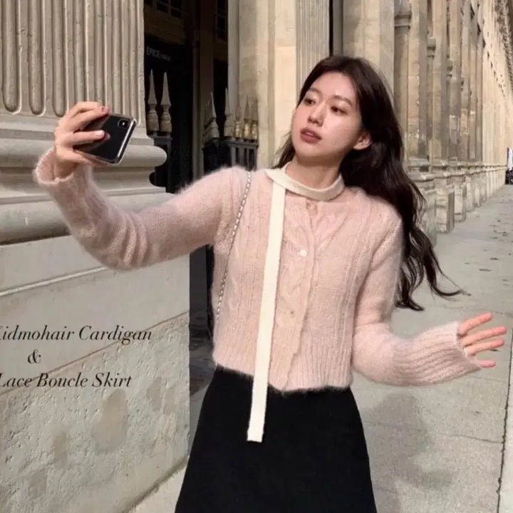 [BUNJANG] LePlain Soft Pink Mohair Cardigan + Tie Ivory / 르플레인 소프트핑크 모헤어 가디건