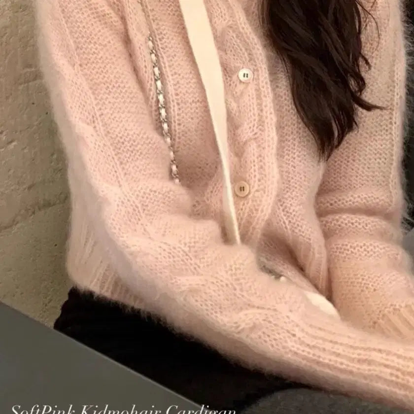 [BUNJANG] LePlain Soft Pink Mohair Cardigan + Tie Ivory / 르플레인 소프트핑크 모헤어 가디건