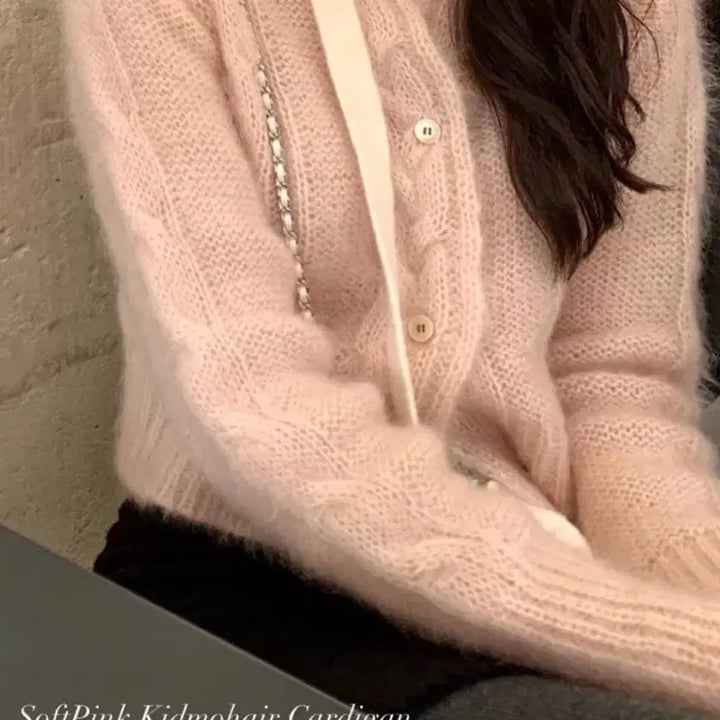 [BUNJANG] LePlain Soft Pink Mohair Cardigan + Tie Ivory / 르플레인 소프트핑크 모헤어 가디건