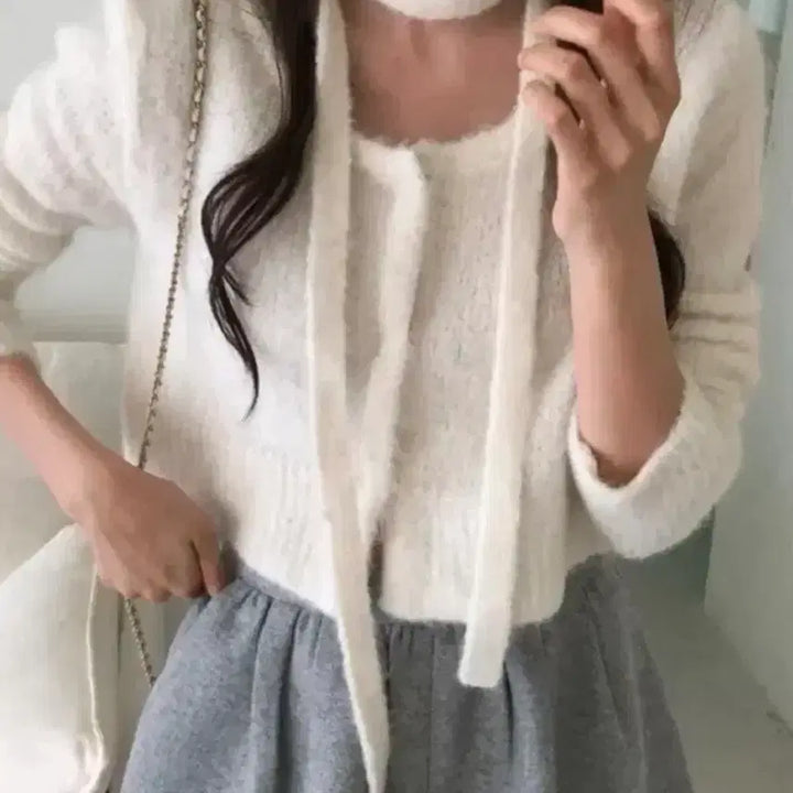 [BUNJANG] LePlain Soft Pink Mohair Cardigan + Tie Ivory / 르플레인 소프트핑크 모헤어 가디건