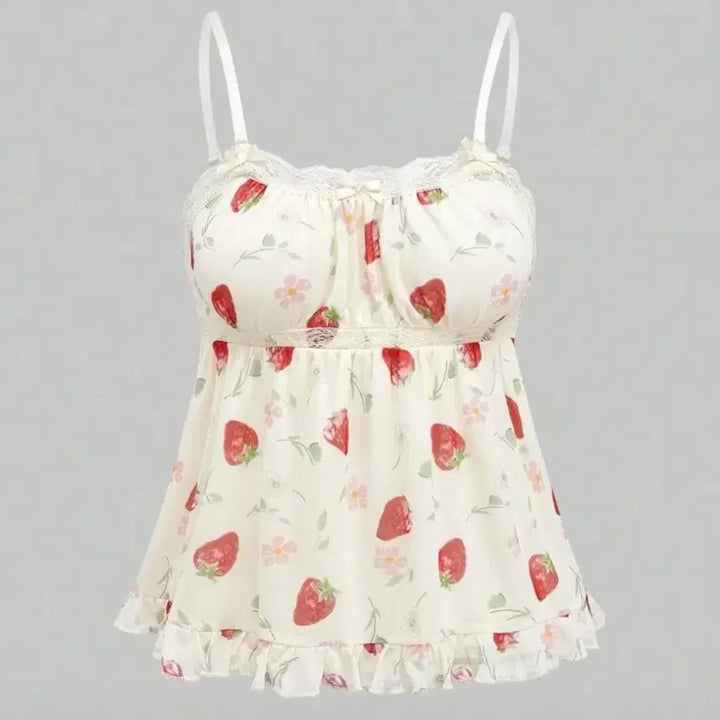 [BUNJANG] Romwe Strawberry Lace Frill Ivory Camisole / 롬위 romwe 딸기 레이스 프릴 아이보리 나시 캐미솔 히메갸루 모리걸