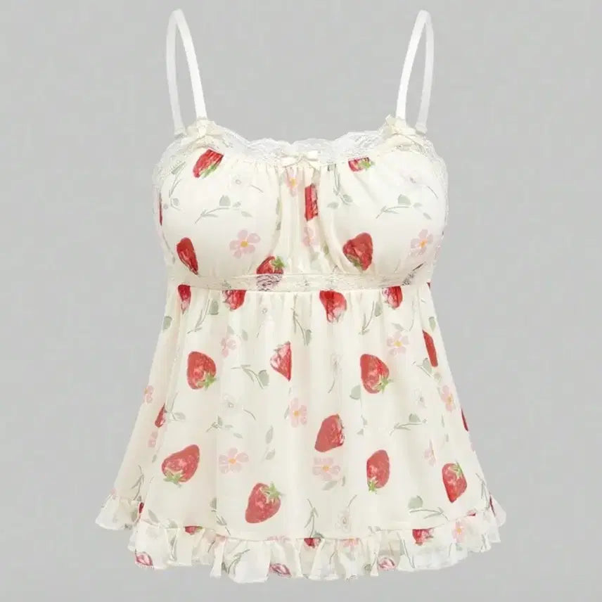 [BUNJANG] Romwe Strawberry Lace Frill Ivory Camisole / 롬위 romwe 딸기 레이스 프릴 아이보리 나시 캐미솔 히메갸루 모리걸