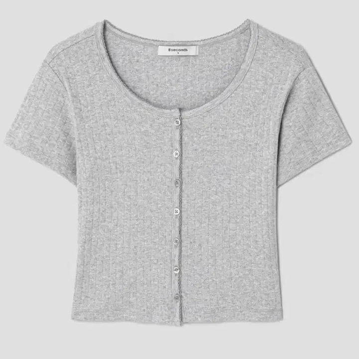 [BUNJANG] 8 Seconds Eyelet Punch Crop Gray Cardigan / 에잇세컨즈 반팔 아일렛 펀칭 포인텔 크롭 회색 가디건