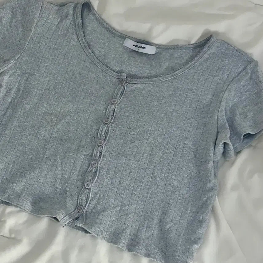 [BUNJANG] 8 Seconds Eyelet Punch Crop Gray Cardigan / 에잇세컨즈 반팔 아일렛 펀칭 포인텔 크롭 회색 가디건