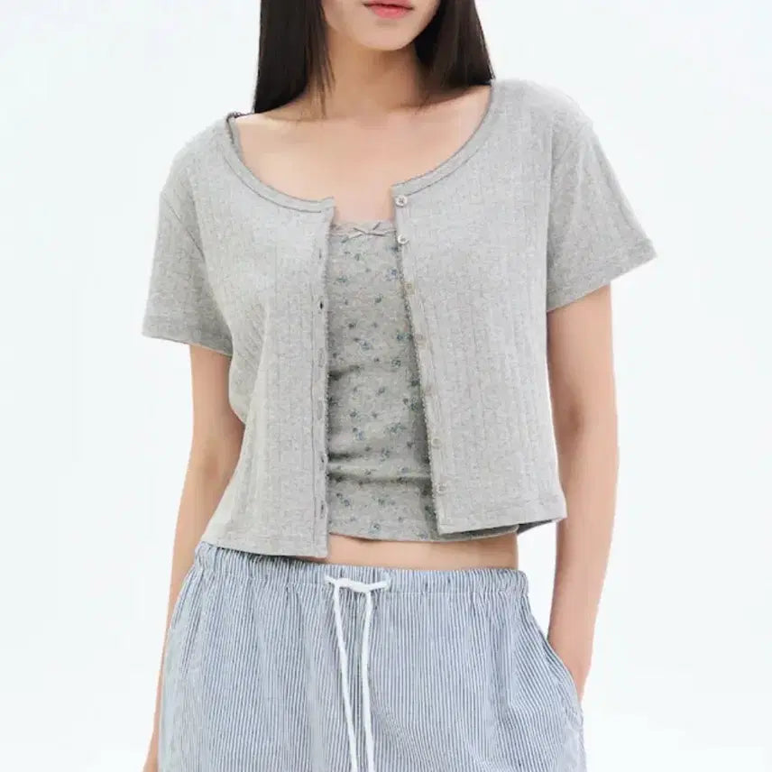 [BUNJANG] 8 Seconds Eyelet Punch Crop Gray Cardigan / 에잇세컨즈 반팔 아일렛 펀칭 포인텔 크롭 회색 가디건