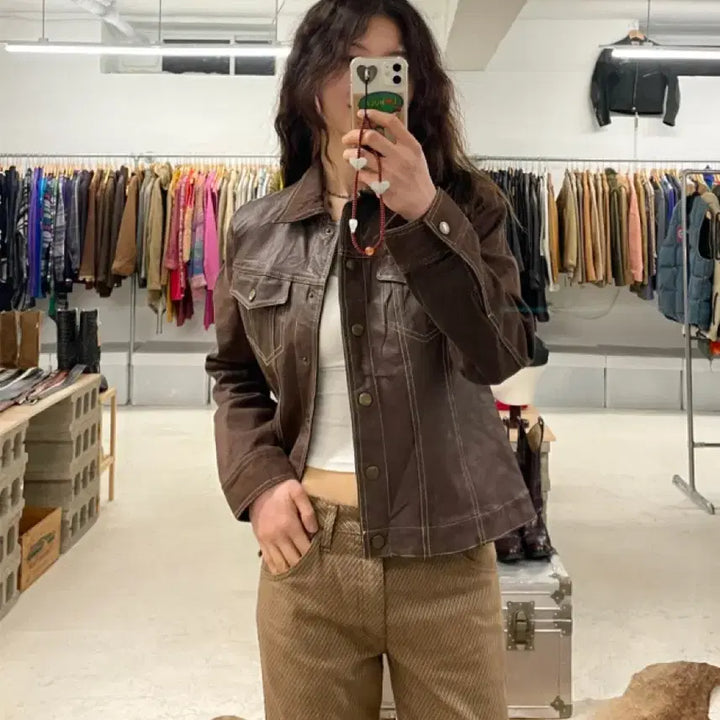 [BUNJANG] Vintage Brown Leather Denim Trucker Jacket / 빈티지 레더 데님 트러커 자켓