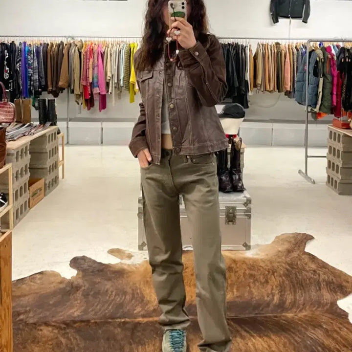 [BUNJANG] Vintage Brown Leather Denim Trucker Jacket / 빈티지 레더 데님 트러커 자켓