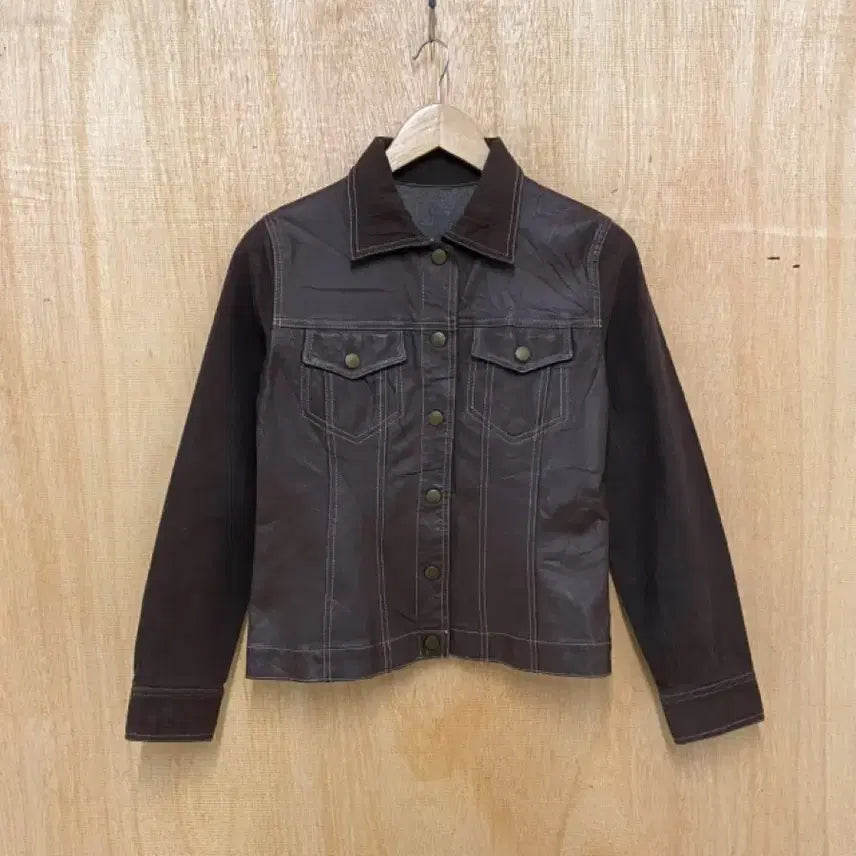[BUNJANG] Vintage Brown Leather Denim Trucker Jacket / 빈티지 레더 데님 트러커 자켓