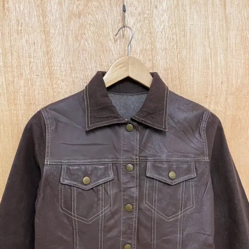 [BUNJANG] Vintage Brown Leather Denim Trucker Jacket / 빈티지 레더 데님 트러커 자켓