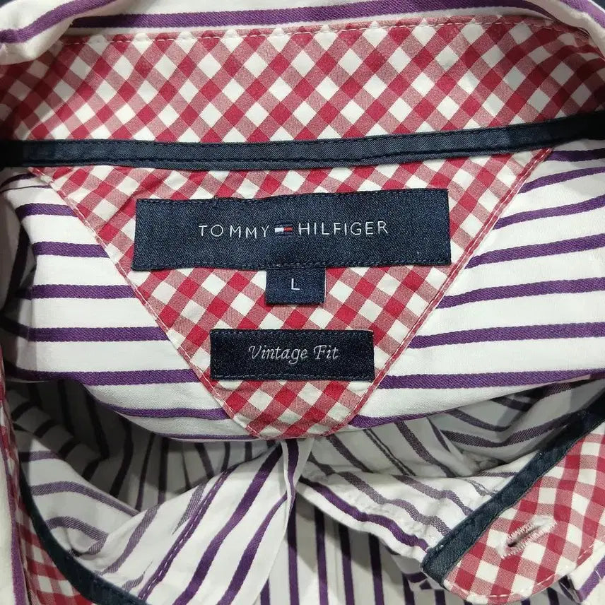 [BUNJANG] Tommy Hilfiger Striped Cotton Shirt / 타미힐피거 퍼플 화이트 스트라이프 패턴 빈티지핏 코튼 남방 셔츠 L