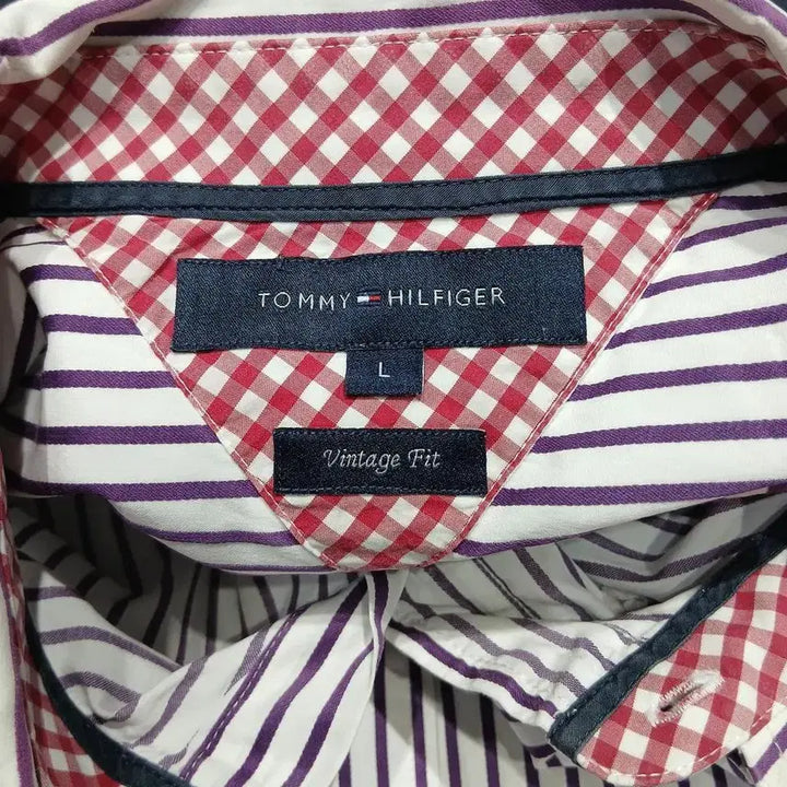 [BUNJANG] Tommy Hilfiger Striped Cotton Shirt / 타미힐피거 퍼플 화이트 스트라이프 패턴 빈티지핏 코튼 남방 셔츠 L