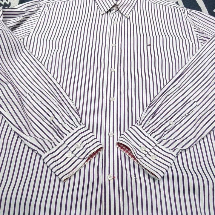 [BUNJANG] Tommy Hilfiger Striped Cotton Shirt / 타미힐피거 퍼플 화이트 스트라이프 패턴 빈티지핏 코튼 남방 셔츠 L