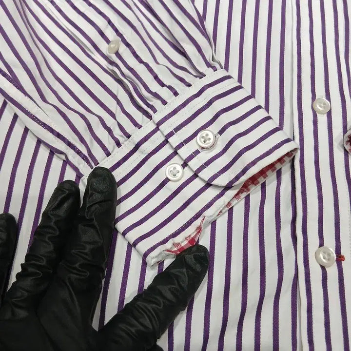 [BUNJANG] Tommy Hilfiger Striped Cotton Shirt / 타미힐피거 퍼플 화이트 스트라이프 패턴 빈티지핏 코튼 남방 셔츠 L