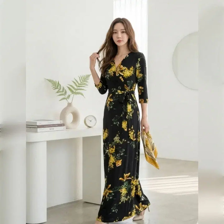 [SOLD OUT] 플라워 랩 롱 원피스 슬림핏 브이넥 꽃무늬 휴양지룩ㅡ무배