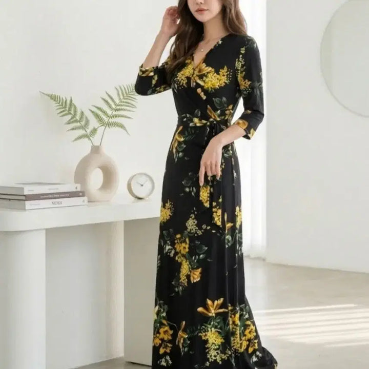 [SOLD OUT] 플라워 랩 롱 원피스 슬림핏 브이넥 꽃무늬 휴양지룩ㅡ무배