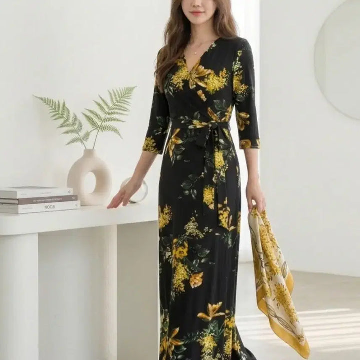 [SOLD OUT] 플라워 랩 롱 원피스 슬림핏 브이넥 꽃무늬 휴양지룩ㅡ무배