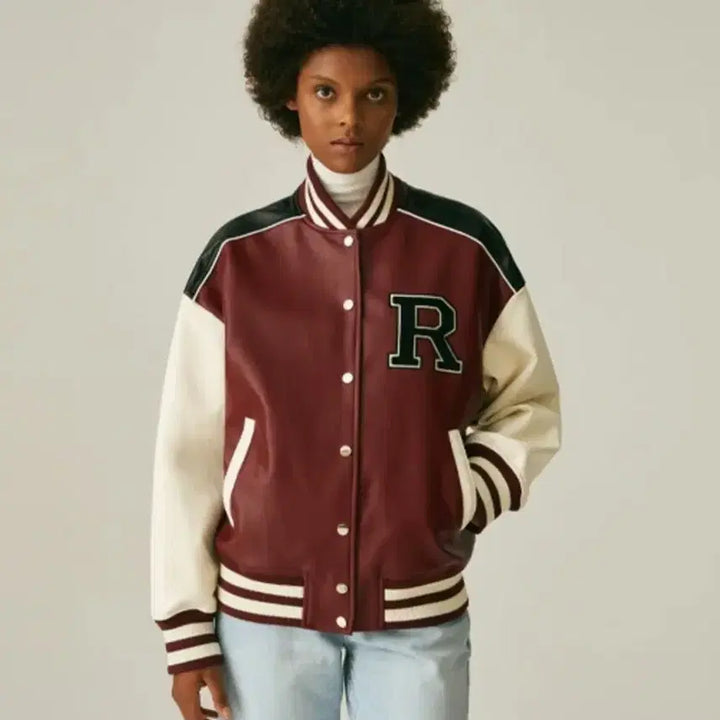 [BUNJANG] Lady Volume Leather Stadium Jacket / 레이디볼륨 레더자켓 스타디움 자켓 야구잠바