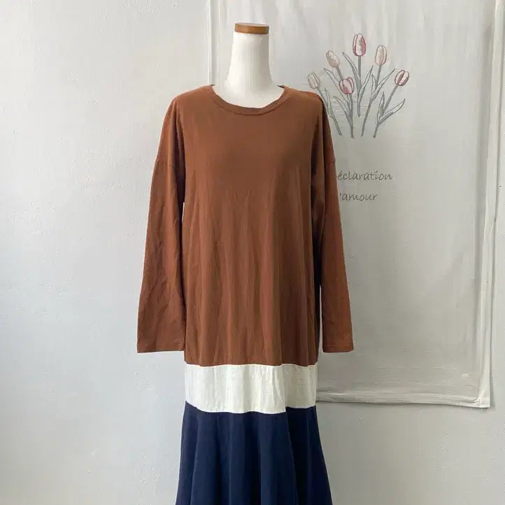 [BUNJANG] Soloist Color Block Flare Long Dress / 솔로이스트 배색 플레어 롱 원피스 브라운 네이비
