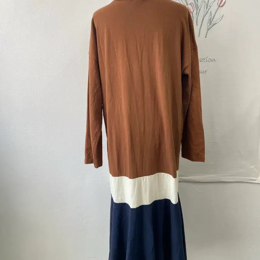 [BUNJANG] Soloist Color Block Flare Long Dress / 솔로이스트 배색 플레어 롱 원피스 브라운 네이비
