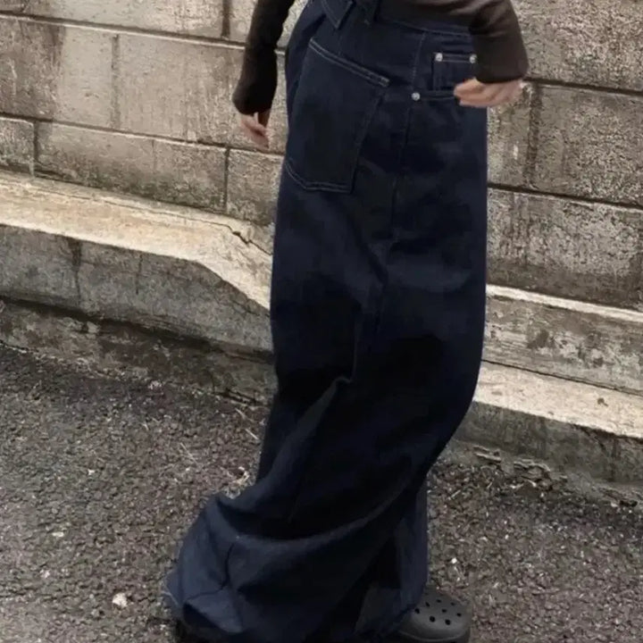 [BUNJANG] Unbranded Wide Leg Jeans S Dark Blue / 비조버튼 와이드 팬츠 S 진청