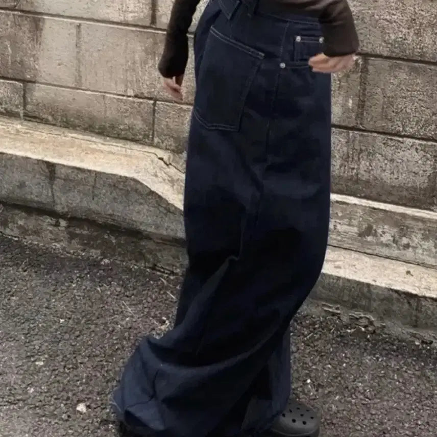 [BUNJANG] Unbranded Wide Leg Jeans S Dark Blue / 비조버튼 와이드 팬츠 S 진청
