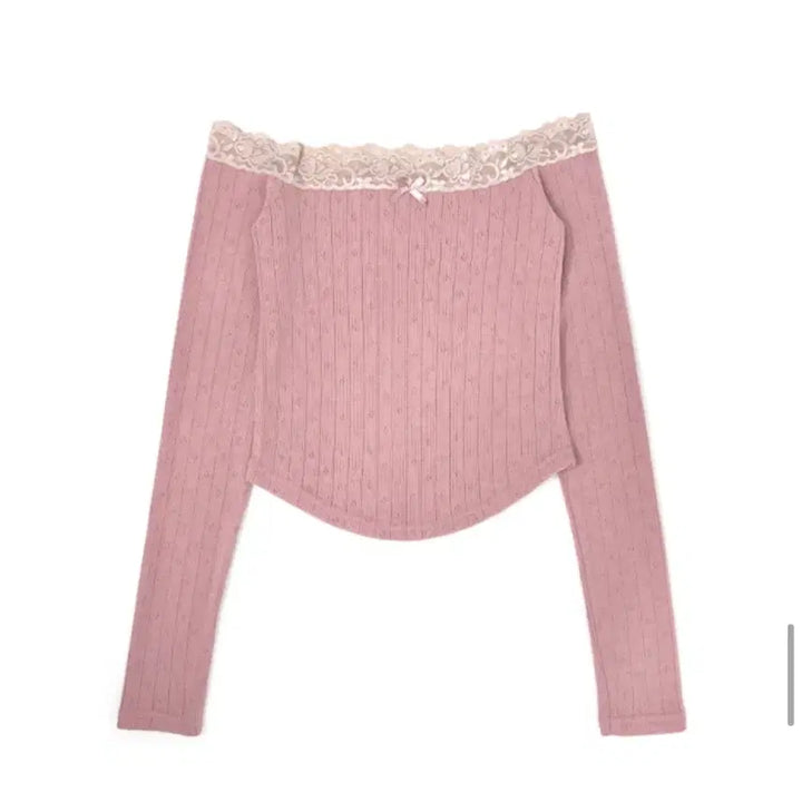 [BUNJANG] Kim Ahop Pink Off-Shoulder Lace Top / 김아홉 핑크 오프숄더 레이스티