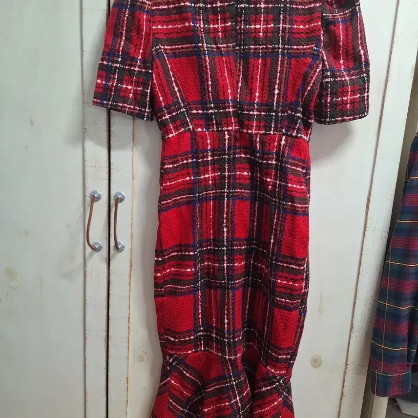 [BUNJANG] Red Check Tweed Midi Dress / 레드 체크 트위드 반팔 원피스
