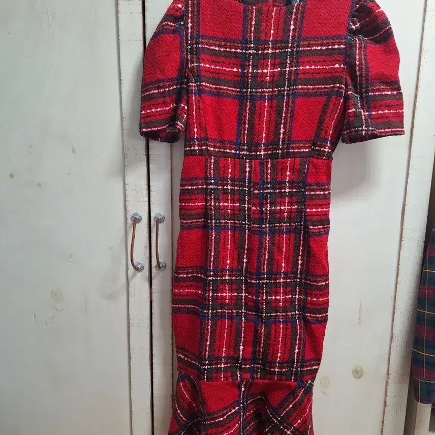 [BUNJANG] Red Check Tweed Midi Dress / 레드 체크 트위드 반팔 원피스