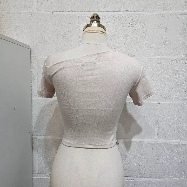 [BUNJANG] Off-Shoulder Crop Top - Light Beige / 한쪽어깨 오프숄더 크롭 무지 반팔- 연베이지