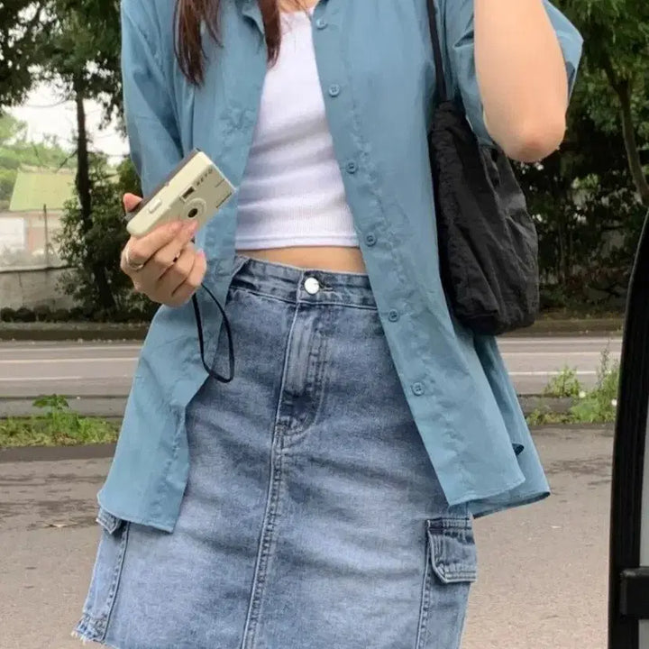 [BUNJANG] 98℃ Denim Cargo Mini Skirt / 98도씨 데미지 카고 데님 미니 스커트 속바지 내장 실사있음