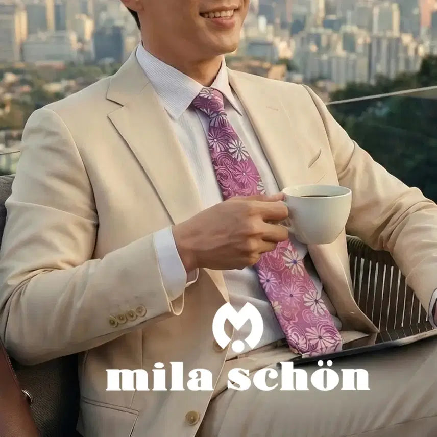 [BUNJANG] Mila Schon Silk Floral Embroidered Tie / 밀라숀 실크 핑크 플라워 자수 패턴 넥타이 9.9cm A+등급 K2362