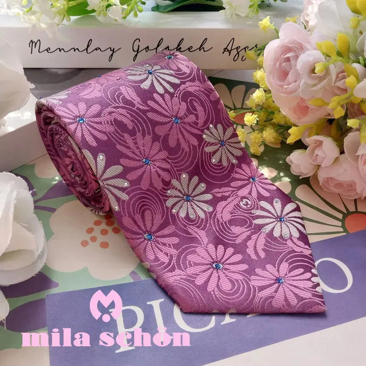 [BUNJANG] Mila Schon Silk Floral Embroidered Tie / 밀라숀 실크 핑크 플라워 자수 패턴 넥타이 9.9cm A+등급 K2362