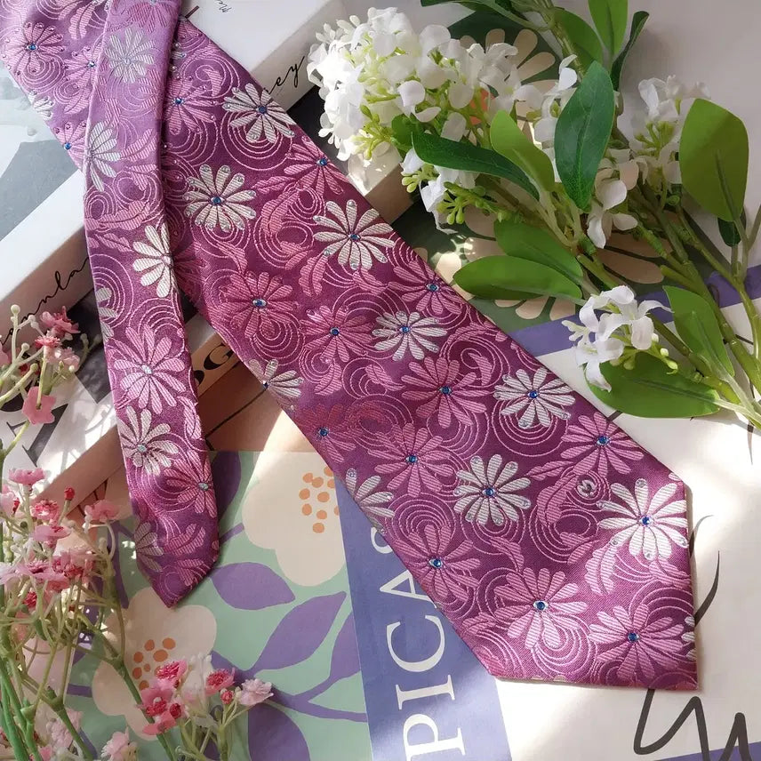 [BUNJANG] Mila Schon Silk Floral Embroidered Tie / 밀라숀 실크 핑크 플라워 자수 패턴 넥타이 9.9cm A+등급 K2362