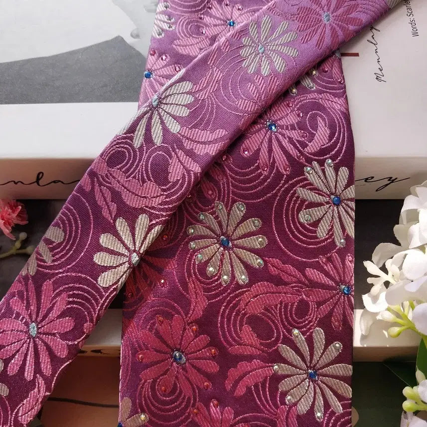 [BUNJANG] Mila Schon Silk Floral Embroidered Tie / 밀라숀 실크 핑크 플라워 자수 패턴 넥타이 9.9cm A+등급 K2362